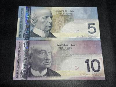 《外钞收藏家》第五百八十八期（优质场）（本平台长期征集拍品、欢迎藏友们联系合作） - 加拿大之旅系列5/10元一对（尾号5593，后四位相同）	绝品