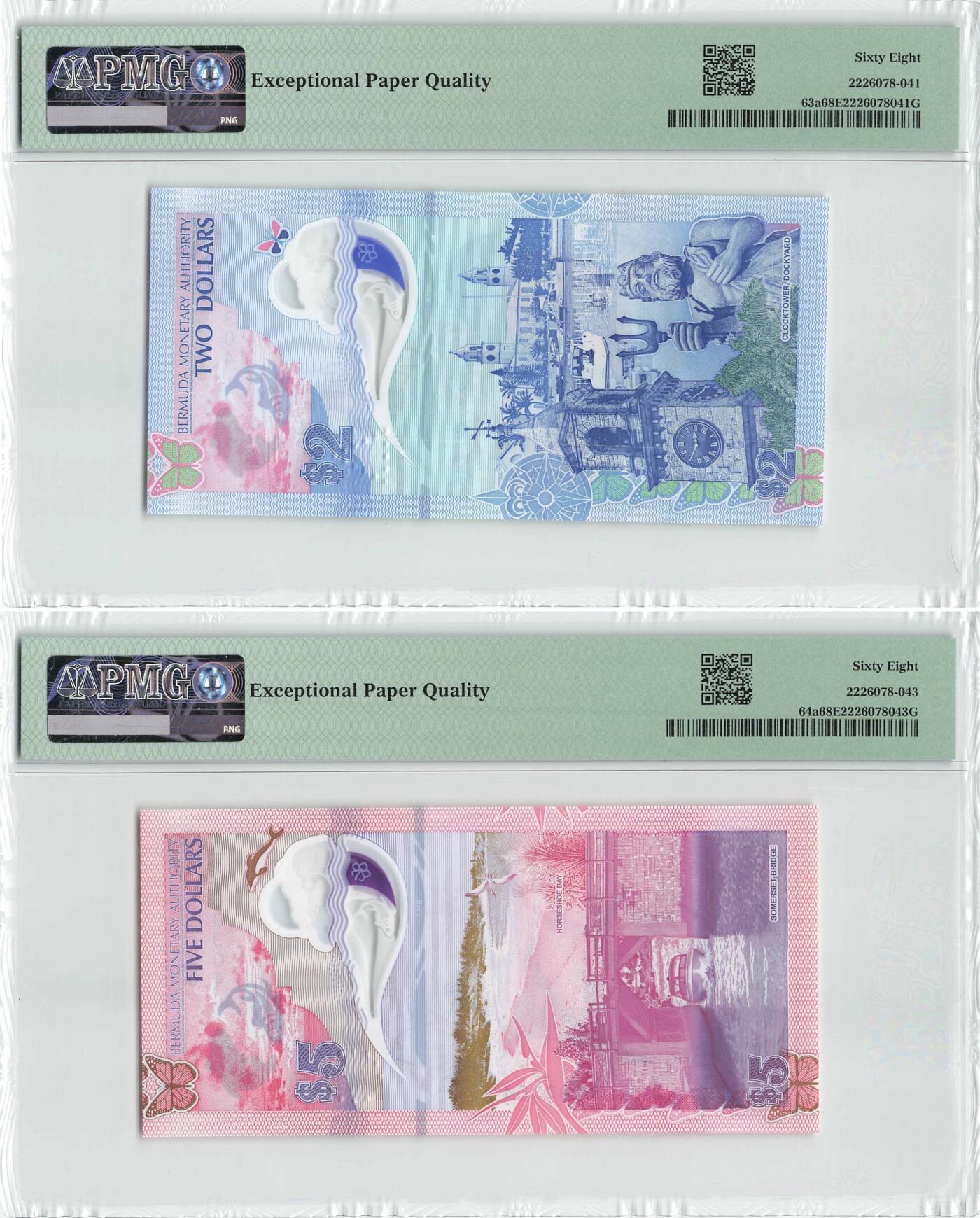 小福收藏拍卖第196期 评级币精选场 本期有68分倒置号布隆迪世界最大纸币 泰国69年10铢纪念钞0A冠百位倒置号  文莱06年500吉令特首年首冠 丹麦经典大松鼠 俄罗斯 玻利维亚 东加勒比 亚美尼亚等多国精美高分珍稀老钞精品纸币 百慕大 2024年 2元 5元 塑料钞 A/1冠 尾3同 1组2张 PMG68 EPQ 季军分