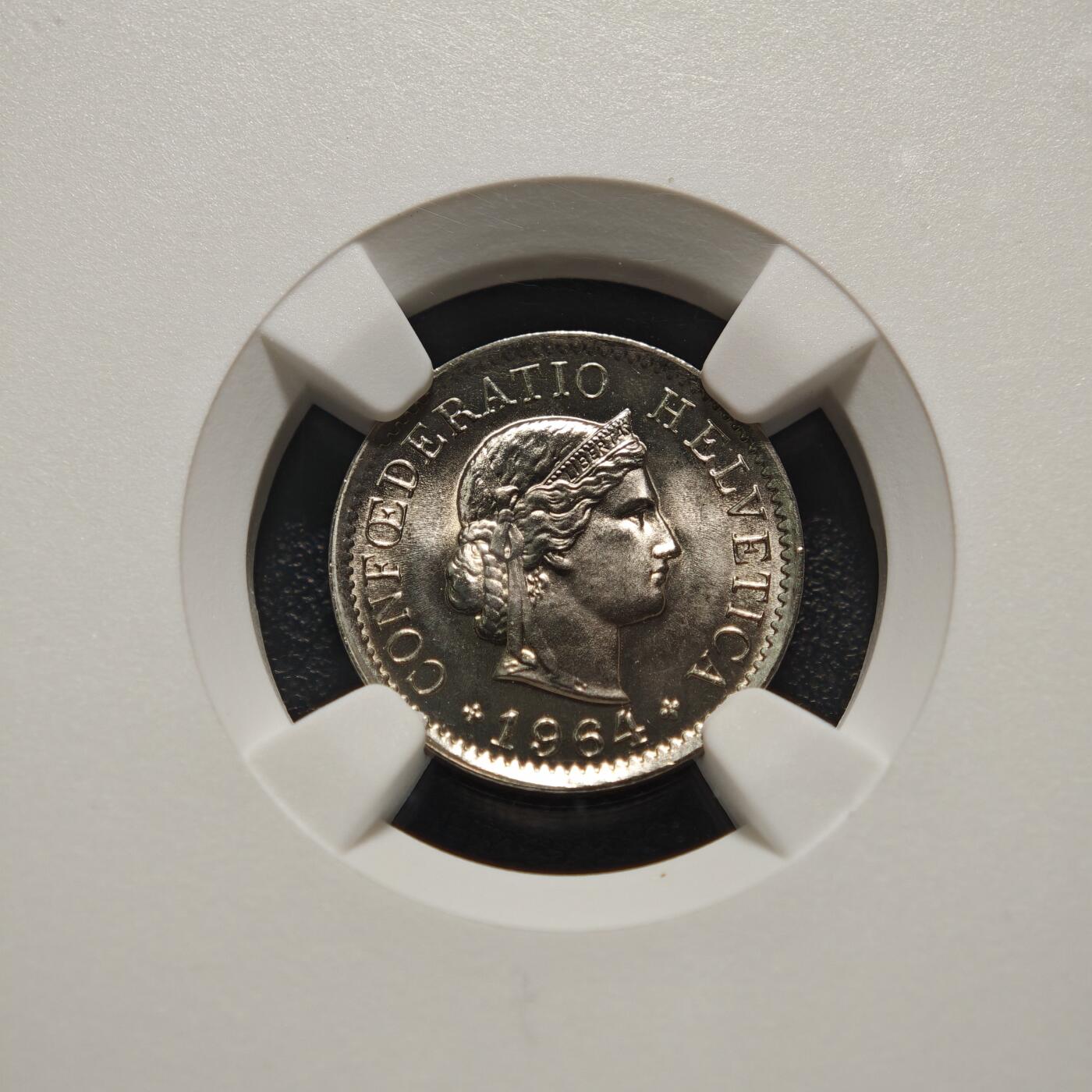 【德藏】世界币章拍卖第155期（拍品征集中~欢迎藏友联系） 1964年 瑞士5生丁海尔维蒂女神镍币 NGC MS67 原光十足