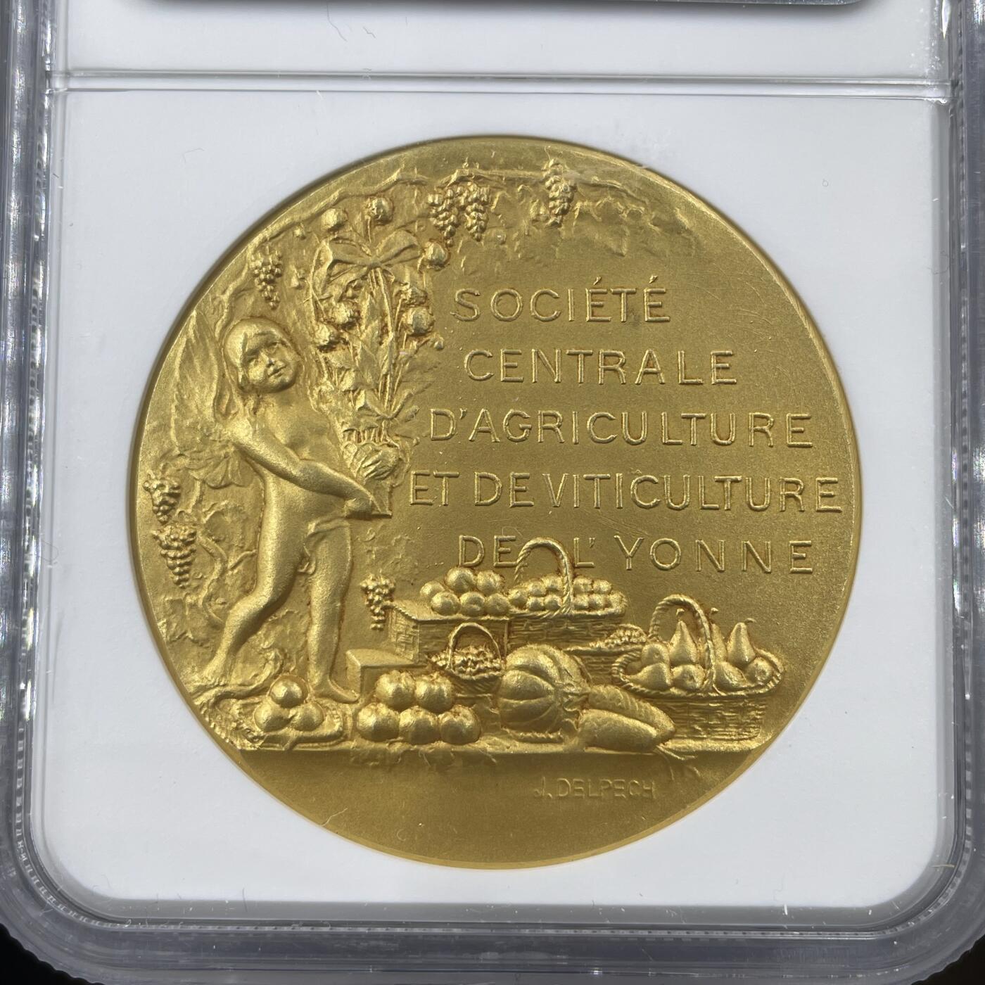 「木头集藏」章牌精品专场！ O.Roty～法国农业与耕作协会镀金银章，MS 64，直径：42 mm，大师作品，品相完美，同款收藏佳品！