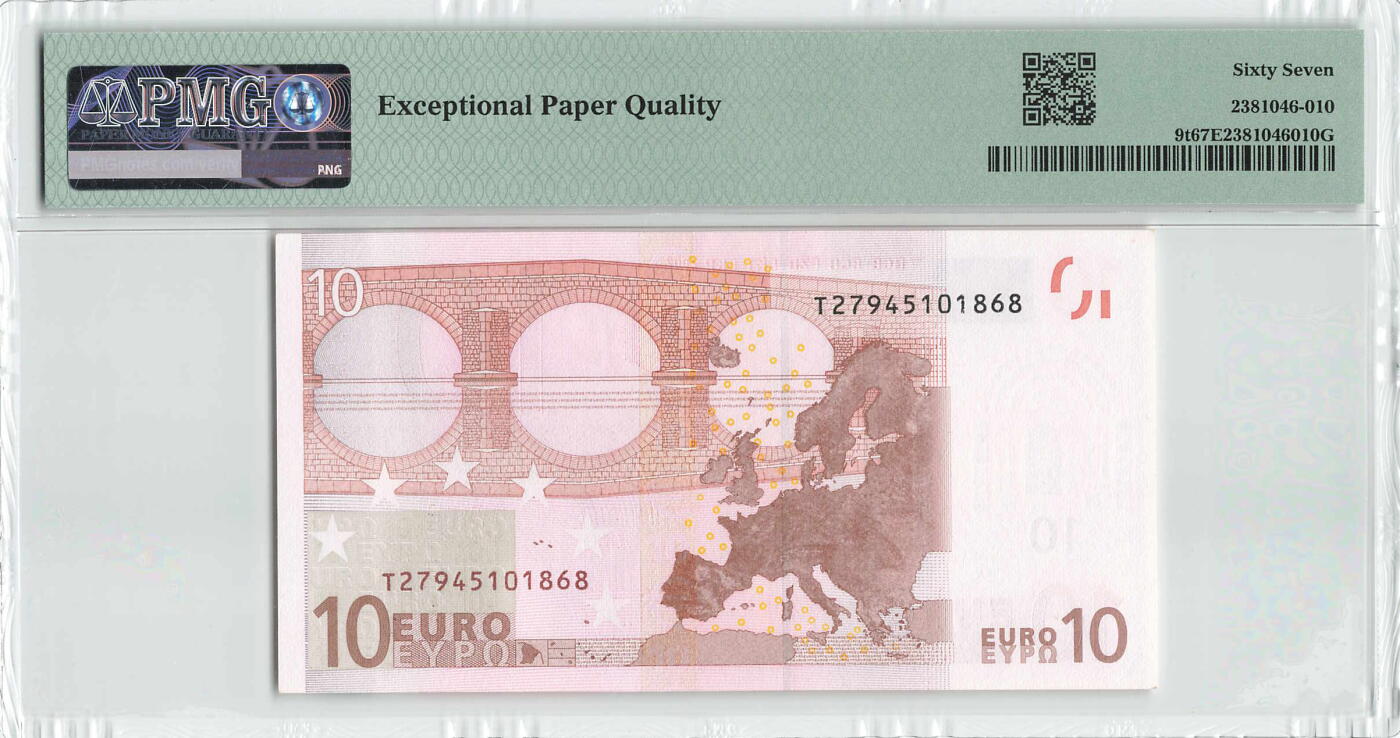 小福收藏拍卖第196期 评级币精选场 本期有68分倒置号布隆迪世界最大纸币 泰国69年10铢纪念钞0A冠百位倒置号  文莱06年500吉令特首年首冠 丹麦经典大松鼠 俄罗斯 玻利维亚 东加勒比 亚美尼亚等多国精美高分珍稀老钞精品纸币 爱尔兰 2002年 10欧元 二签 尾8 PMG67 EPQ 亚军分(冠军分仅1枚）