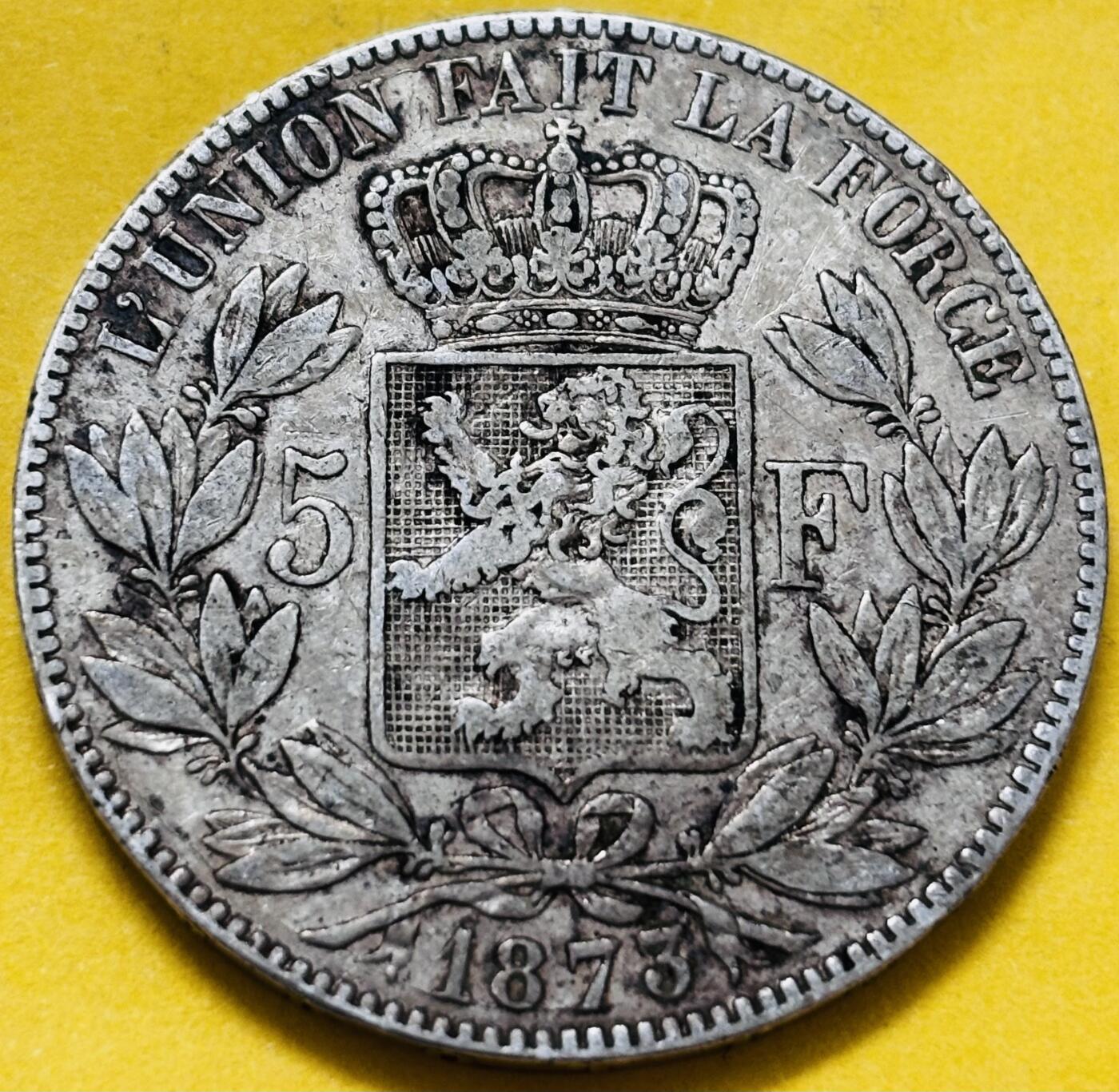 文馨钱币收藏第 283 场，【大雪鉴珍，寒英缀金】金银纪念币精品场，诚邀您的参与【长期接代拍品】 1873 年比利时利奥波德二世 5 法郎大银币 900 高银，早期第一版，人脸狮徽各方面综合保留不错