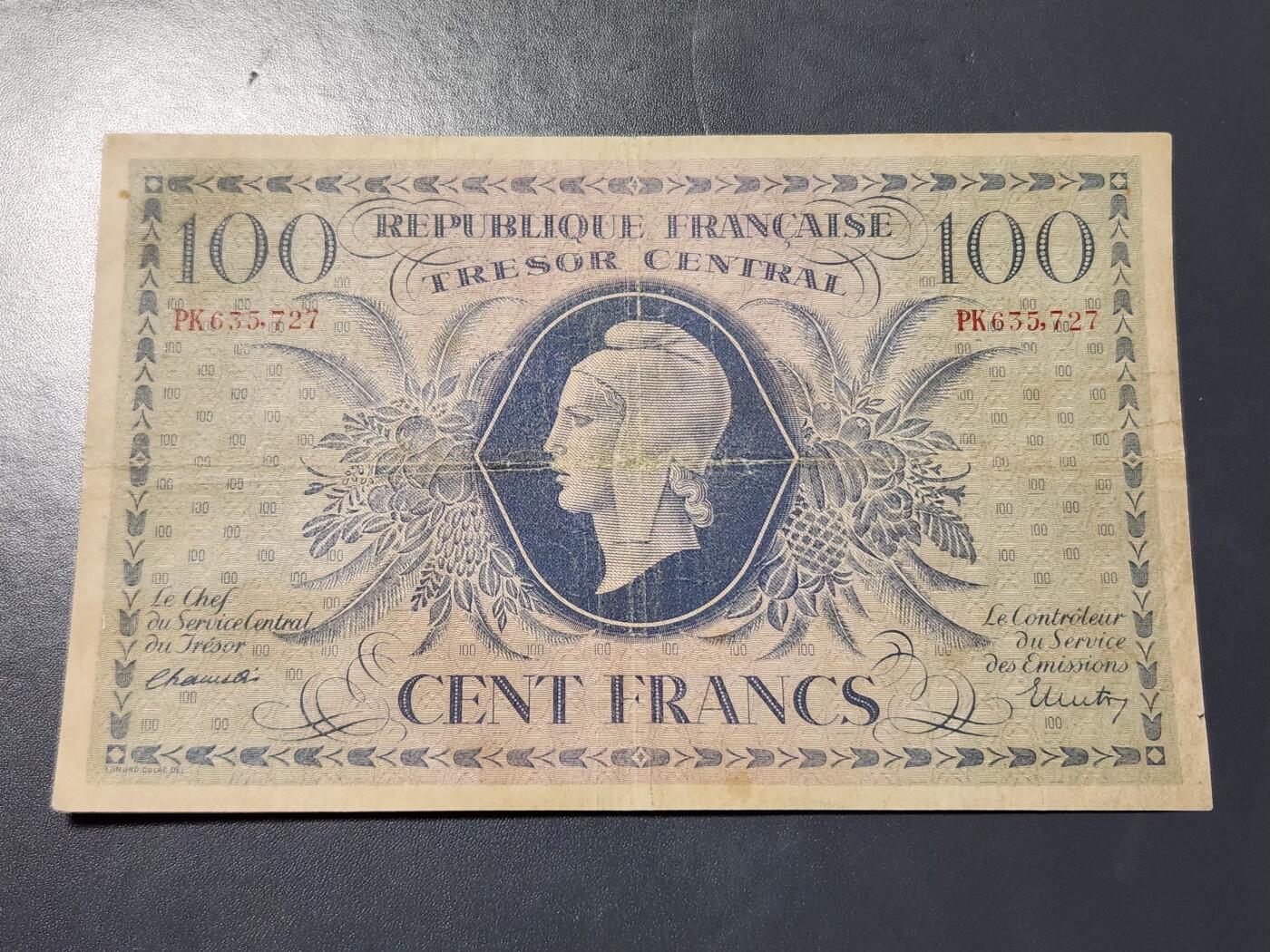11月28号晚上8点 外国纸币自动截拍第64场 法国 1945年100法郎纸币 女神玛丽安娜 