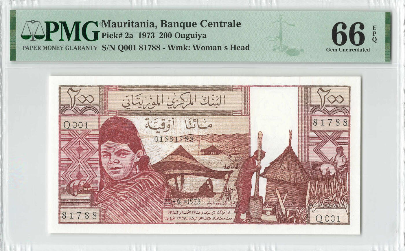 小福收藏拍卖第196期 评级币精选场 本期有68分倒置号布隆迪世界最大纸币 泰国69年10铢纪念钞0A冠百位倒置号  文莱06年500吉令特首年首冠 丹麦经典大松鼠 俄罗斯 玻利维亚 东加勒比 亚美尼亚等多国精美高分珍稀老钞精品纸币 毛里塔尼亚 1973年 200乌吉亚 该国自主发行第二张纸币 数3 双尾88 PMG66 EPQ亚军分（冠军分仅2枚）