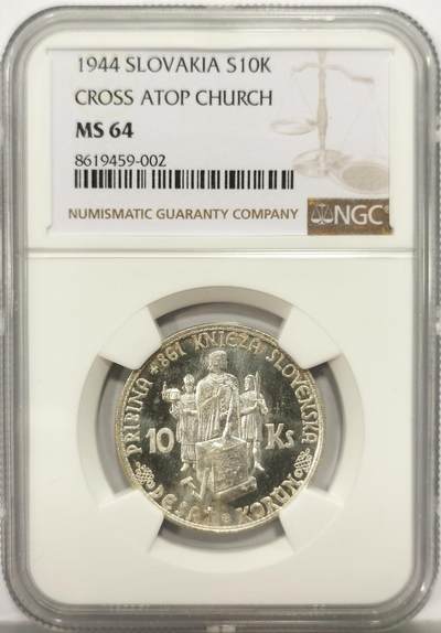 博洋堂世界钱币拍卖第149期（全场包邮） - NGC MS64 斯洛伐克1944年10克朗银币，卷拆原光好品，币面镜面光泽很漂亮。有潜力的题材。