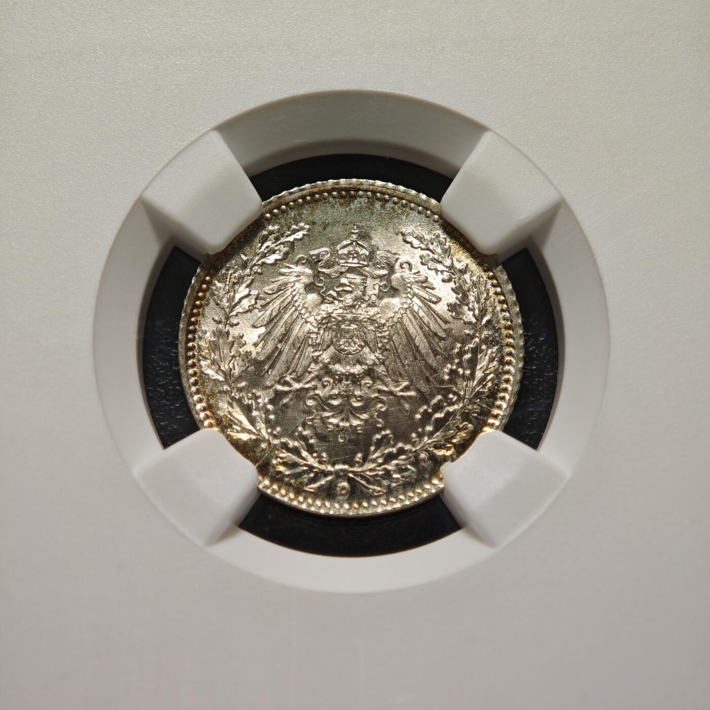 【德藏】世界币章拍卖第155期（拍品征集中~欢迎藏友联系） 1918年 德国巴伐利亚1/2马克银币 NGC MS67 淡五彩包浆 顶级品相状态