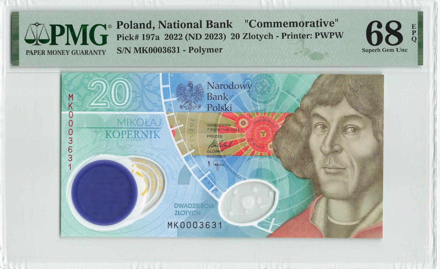 小福收藏拍卖第196期 评级币精选场 本期有68分倒置号布隆迪世界最大纸币 泰国69年10铢纪念钞0A冠百位倒置号  文莱06年500吉令特首年首冠 丹麦经典大松鼠 俄罗斯 玻利维亚 东加勒比 亚美尼亚等多国精美高分珍稀老钞精品纸币 波兰 2023年 20兹罗提 塑料纪念钞 无47 千位号 PMG68 EPQ 季军分