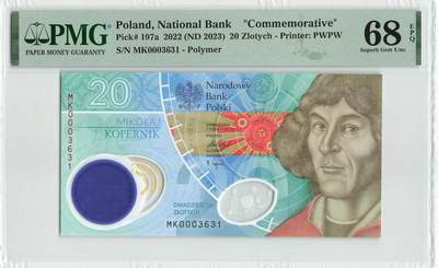 小福收藏拍卖第196期 评级币精选场 本期有68分倒置号布隆迪世界最大纸币 泰国69年10铢纪念钞0A冠百位倒置号  文莱06年500吉令特首年首冠 丹麦经典大松鼠 俄罗斯 玻利维亚 东加勒比 亚美尼亚等多国精美高分珍稀老钞精品纸币 - 波兰 2023年 20兹罗提 塑料纪念钞 无47 千位号 PMG68 EPQ 季军分