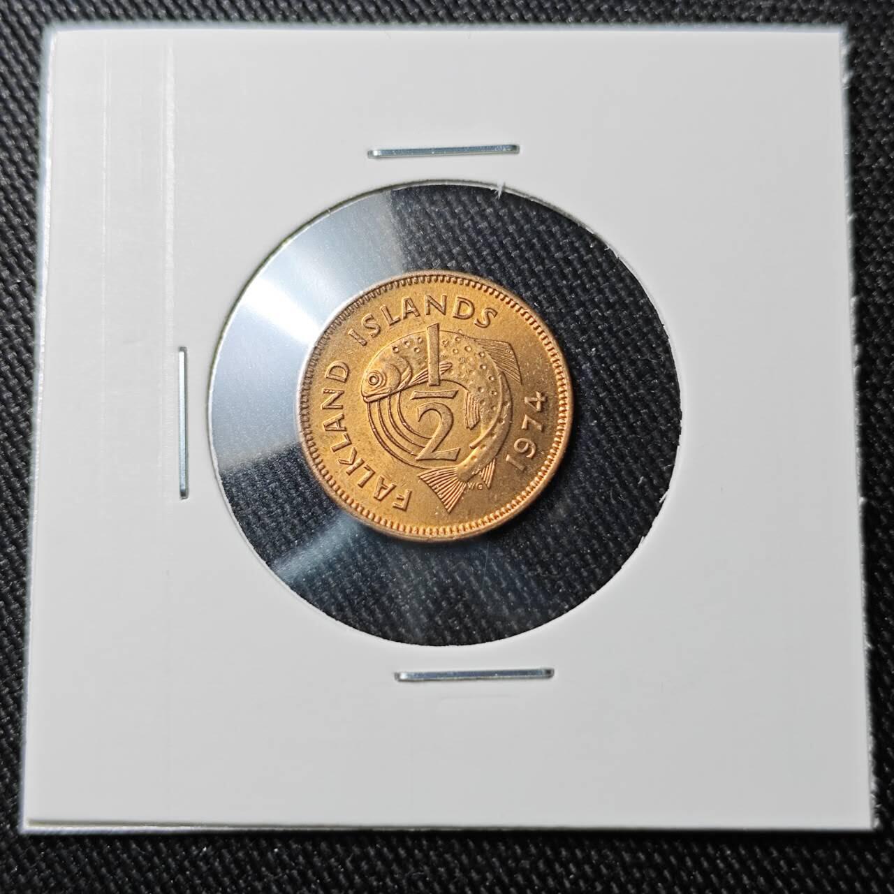 KK钱币收藏小铺 （套币 好品/批量散币 银币）专场  2月预留时间 周末发货  1974福克兰群岛1/2便士铜币 少见品种 好品