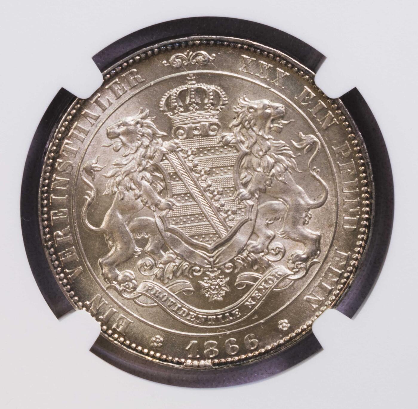 NGC-MS64 1866萨克森双狮泰勒 环彩原光
