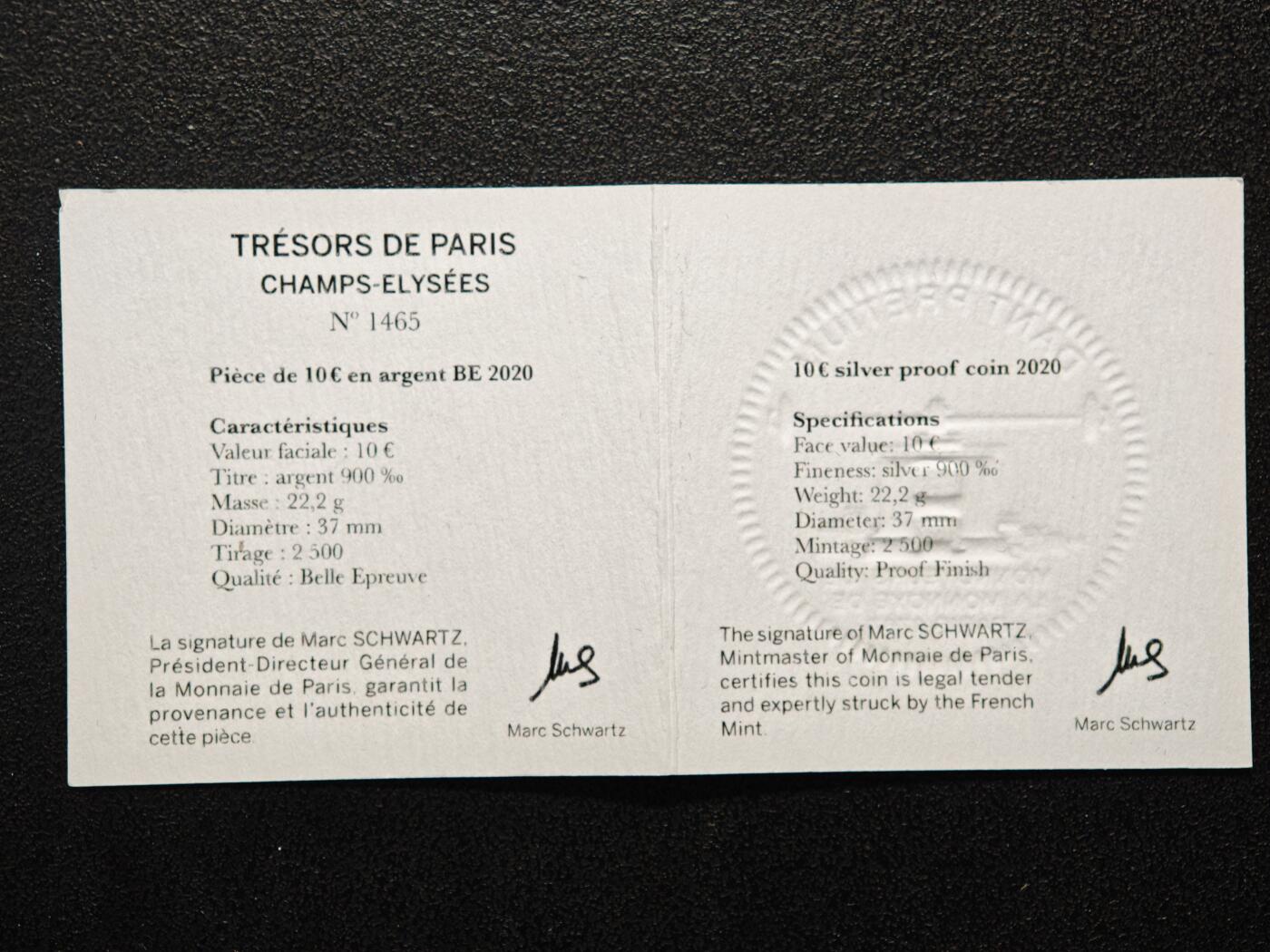 【德藏】世界币章拍卖第155期（拍品征集中~欢迎藏友联系） 2020年 法国香榭丽舍大街10欧元纪念银币 原盒 带证书  直径约：37mm；重约：22.2g