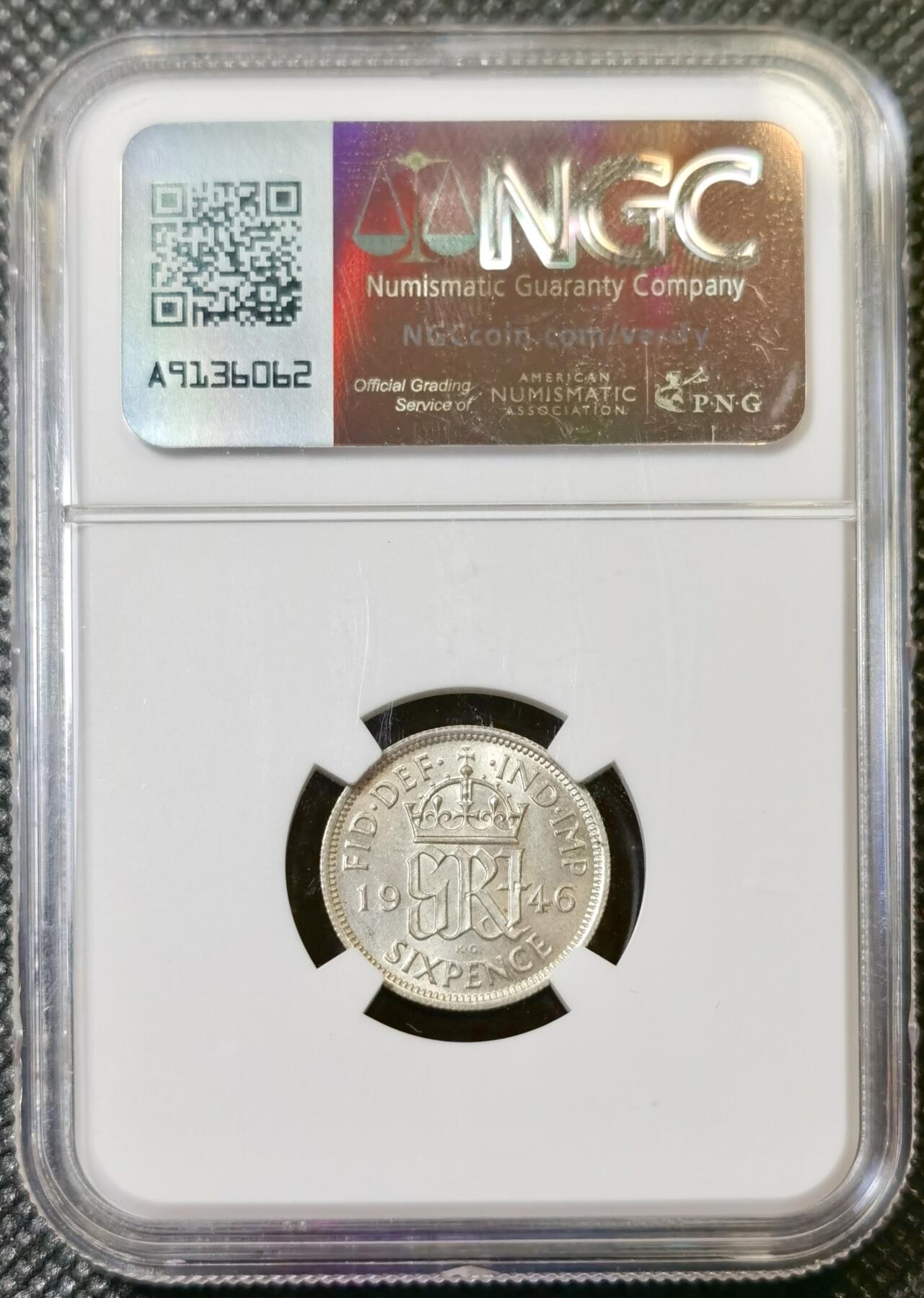 甄臻铺-世界币章拍卖（第40期）送拍享返佣金等优惠多多 NGC-MS64 英国1946年乔治六世六便士银币，BU卷拆，爱情幸运币寓意好，可藏状态