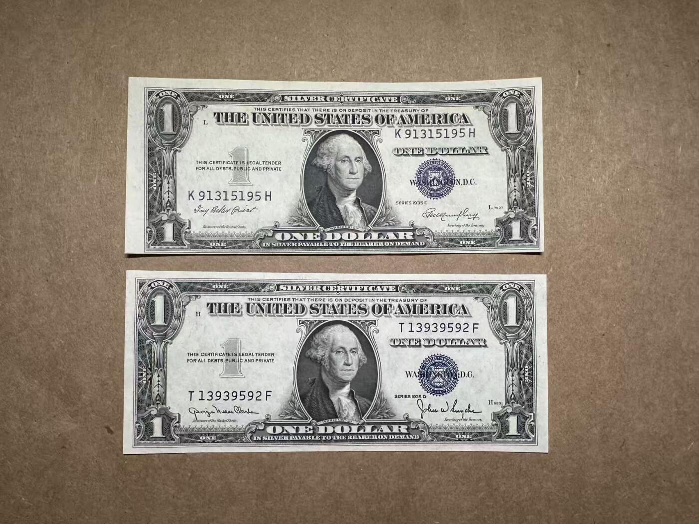 【礼羽收藏】🌏世界钱币拍卖第113期 1935年美国蓝库券1元，两张均为无47，UNC，品相如图