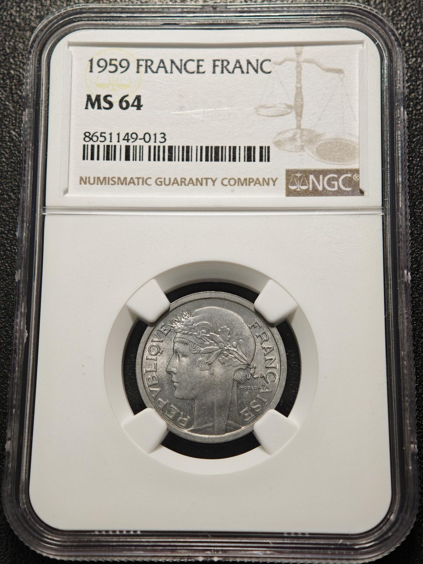 【德藏】世界币章拍卖第155期（拍品征集中~欢迎藏友联系） 1959年 法国1法郎铝币 NGC MS64 原光非常好