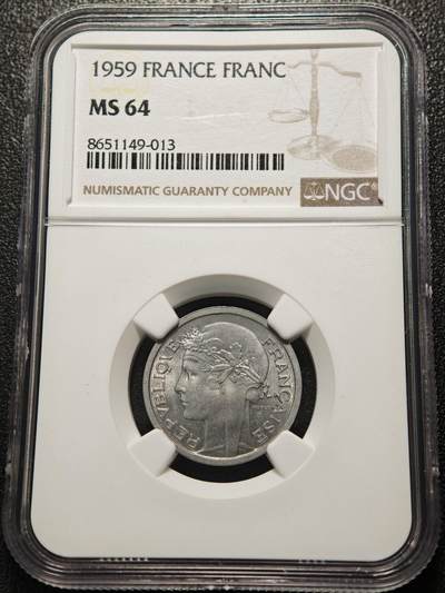 【德藏】世界币章拍卖第155期（拍品征集中~欢迎藏友联系） - 1959年 法国1法郎铝币 NGC MS64 原光非常好