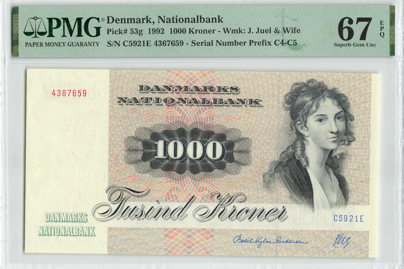 小福收藏拍卖第196期 评级币精选场 本期有68分倒置号布隆迪世界最大纸币 泰国69年10铢纪念钞0A冠百位倒置号  文莱06年500吉令特首年首冠 丹麦经典大松鼠 俄罗斯 玻利维亚 东加勒比 亚美尼亚等多国精美高分珍稀老钞精品纸币 丹麦 1992年 1000克郎 经典大松鼠 PMG67 EPQ 季军分