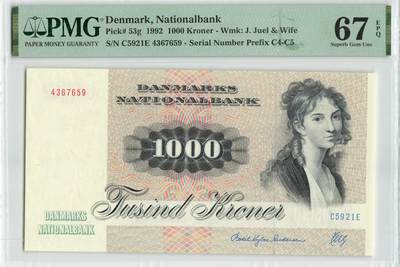 小福收藏拍卖第196期 评级币精选场 本期有68分倒置号布隆迪世界最大纸币 泰国69年10铢纪念钞0A冠百位倒置号  文莱06年500吉令特首年首冠 丹麦经典大松鼠 俄罗斯 玻利维亚 东加勒比 亚美尼亚等多国精美高分珍稀老钞精品纸币 - 丹麦 1992年 1000克郎 经典大松鼠 PMG67 EPQ 季军分