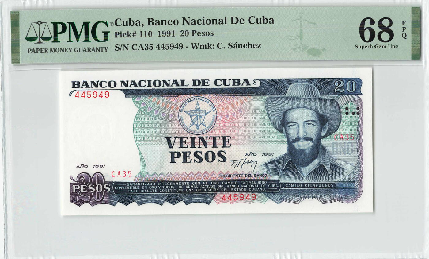 小福收藏拍卖第196期 评级币精选场 本期有68分倒置号布隆迪世界最大纸币 泰国69年10铢纪念钞0A冠百位倒置号  文莱06年500吉令特首年首冠 丹麦经典大松鼠 俄罗斯 玻利维亚 东加勒比 亚美尼亚等多国精美高分珍稀老钞精品纸币 古巴 1991年 20比索 中国代印 数3 PMG68 EPQ 唯2冠军分 ！！！