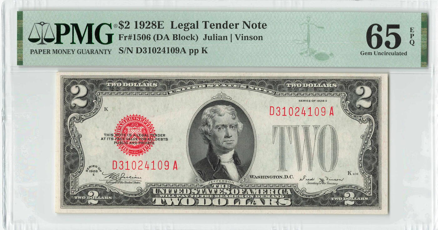 小福收藏拍卖第196期 评级币精选场 本期有68分倒置号布隆迪世界最大纸币 泰国69年10铢纪念钞0A冠百位倒置号  文莱06年500吉令特首年首冠 丹麦经典大松鼠 俄罗斯 玻利维亚 东加勒比 亚美尼亚等多国精美高分珍稀老钞精品纸币 美国 1928年（E) 2元 PMG65 EPQ