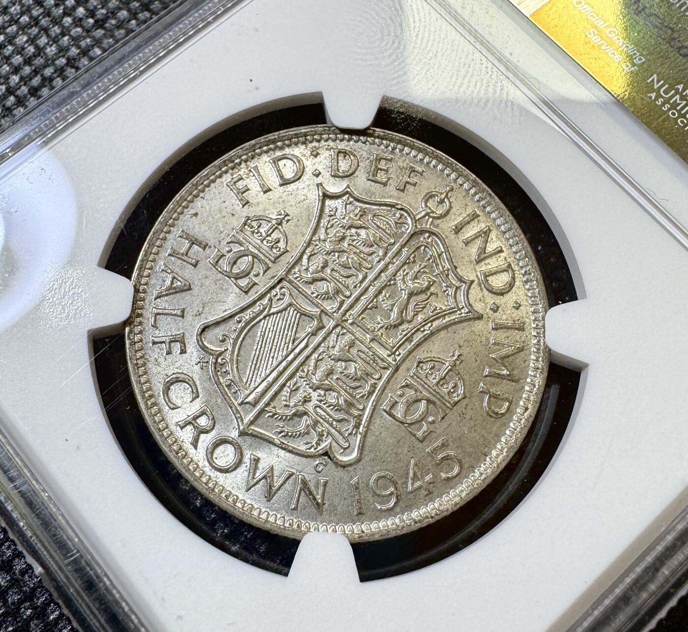 甄臻铺-世界币章拍卖（第40期）送拍享返佣金等优惠多多 NGC-MS62 英国1945乔治六世半克朗银币，流通最大面值，状态好，经典品种