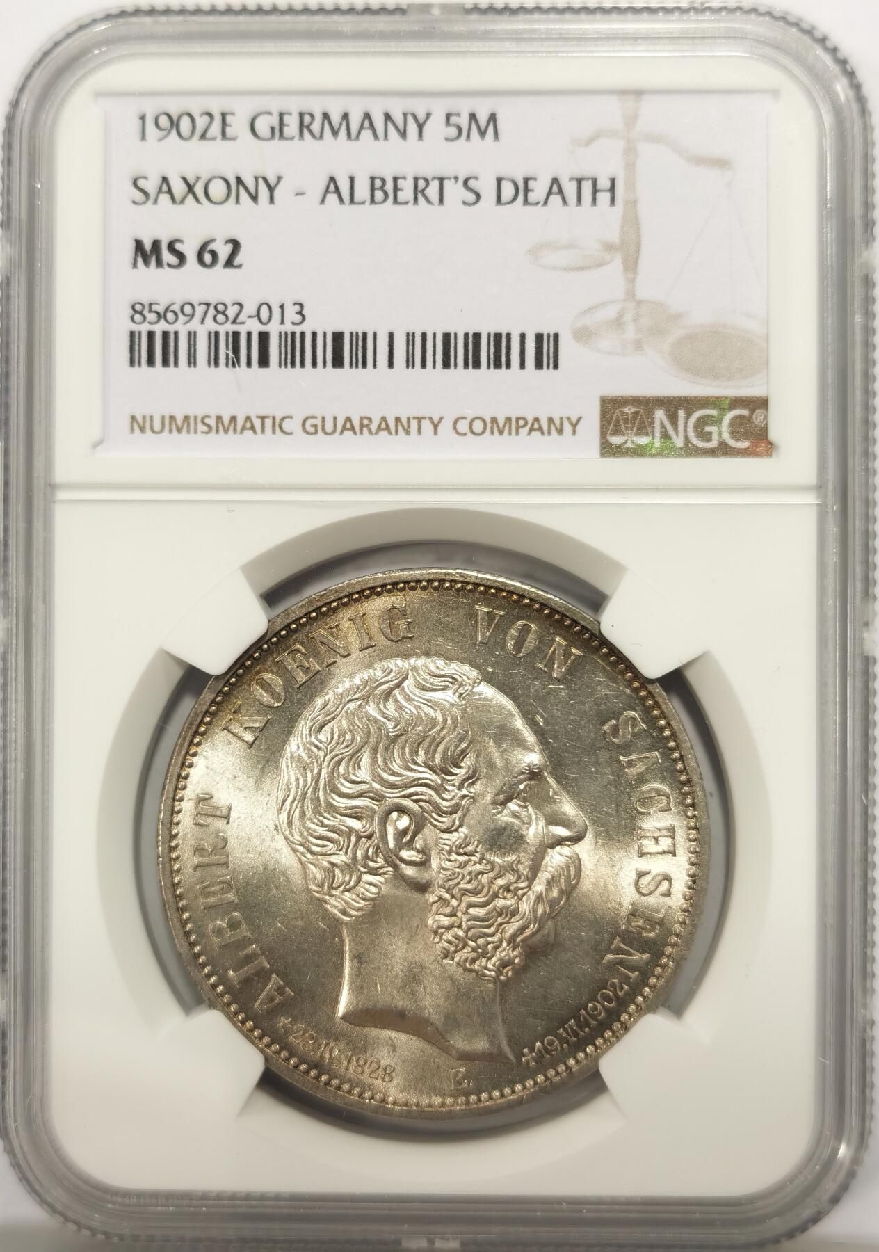 博洋堂世界钱币拍卖第149期（全场包邮） NGC MS62 德国萨克森1902年国王逝世5马克银币，粉光，低评！