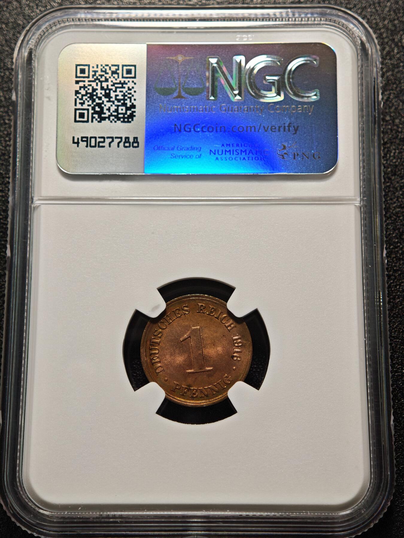 【德藏】世界币章拍卖第155期（拍品征集中~欢迎藏友联系） 1916年 德国1芬尼铜币 NGC MS64RB 原光十足 状态极佳