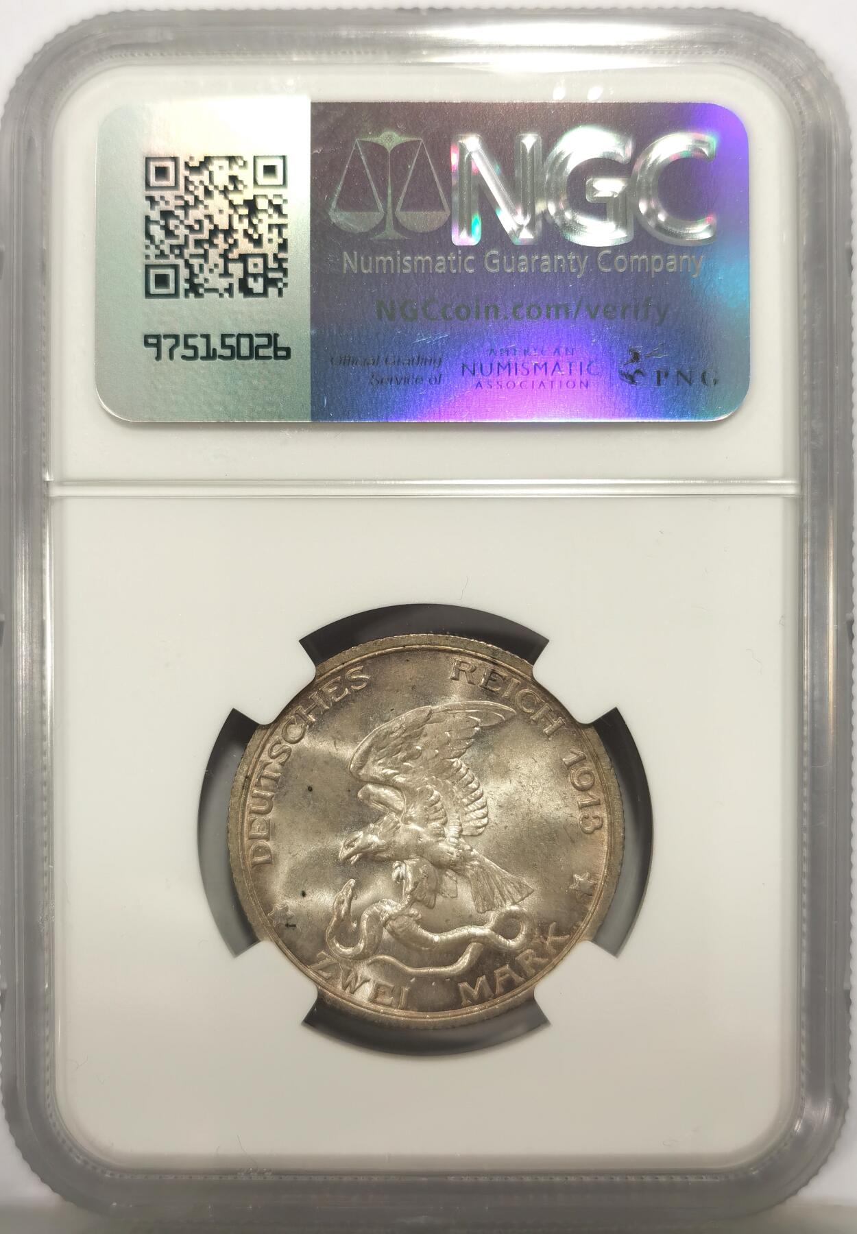 博洋堂世界钱币拍卖第149期（全场包邮） NGC MS64 德国普鲁士1913年普法战争胜利2马克银币，环彩。