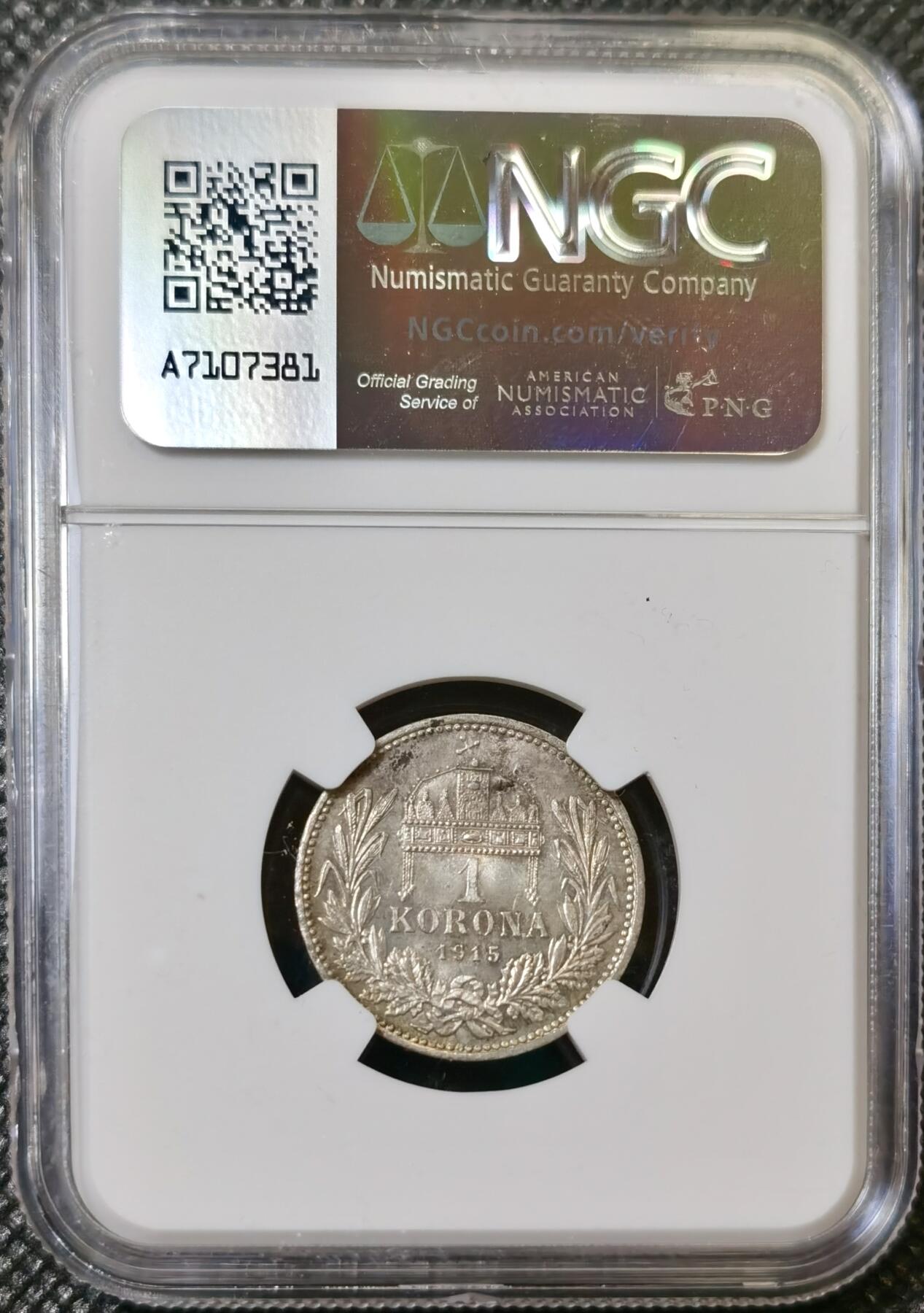 甄臻铺-世界币章拍卖（第40期）送拍享返佣金等优惠多多 NGC-MS63 奥匈帝国1915科罗娜银币，很少见的匈牙利版，正面环五彩包浆，背面镜面感非常强，状态满分的一枚，略有低评