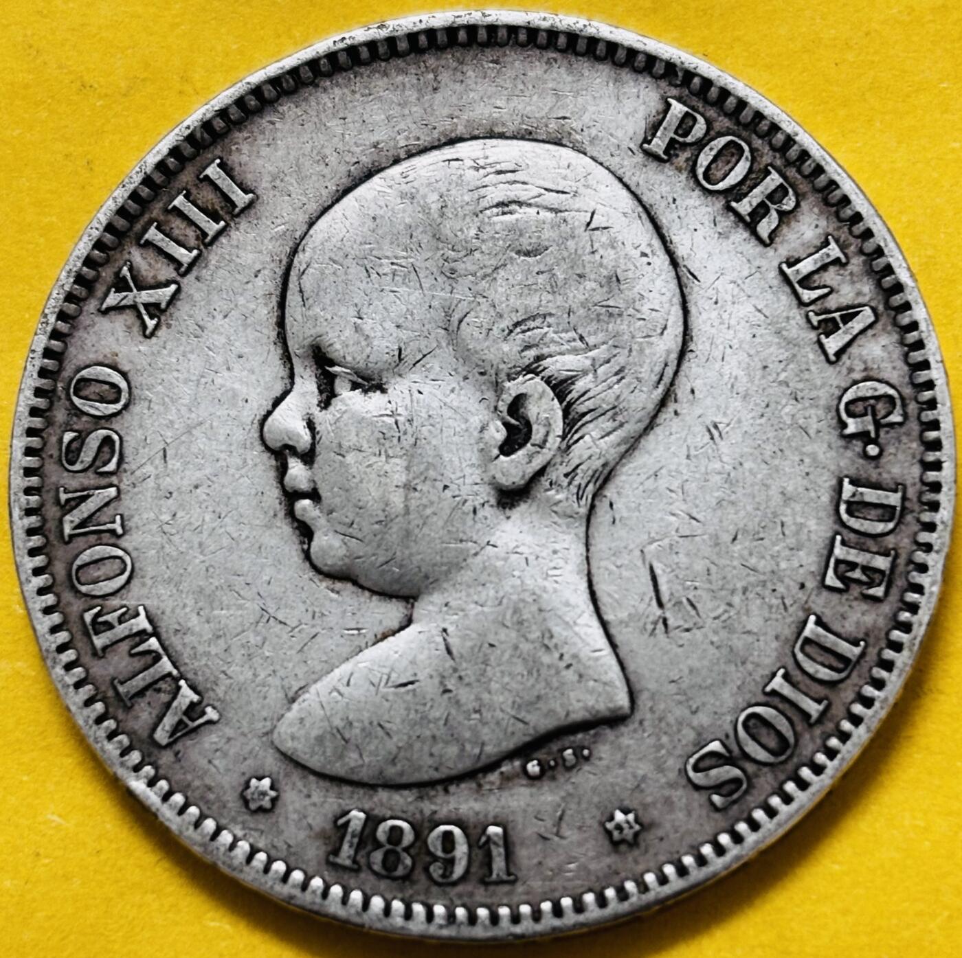 文馨钱币收藏第 283 场，【大雪鉴珍，寒英缀金】金银纪念币精品场，诚邀您的参与【长期接代拍品】 1891 年西班牙阿方索十三世小孩头 5 比塞塔大银币，第一版 900 高银