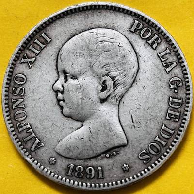 文馨钱币收藏第 283 场，【大雪鉴珍，寒英缀金】金银纪念币精品场，诚邀您的参与【长期接代拍品】 - 1891 年西班牙阿方索十三世小孩头 5 比塞塔大银币，第一版 900 高银