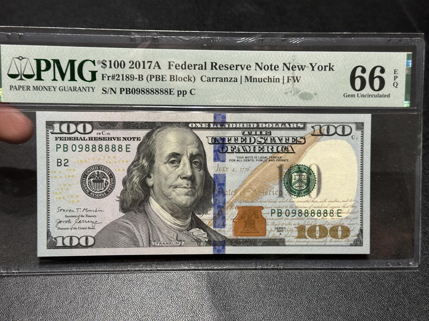 《外钞收藏家》第五百八十八期（优质场）（本平台长期征集拍品、欢迎藏友们联系合作） 2017年美国彩版100美元 圆圆号 大象号6个8 PMG66