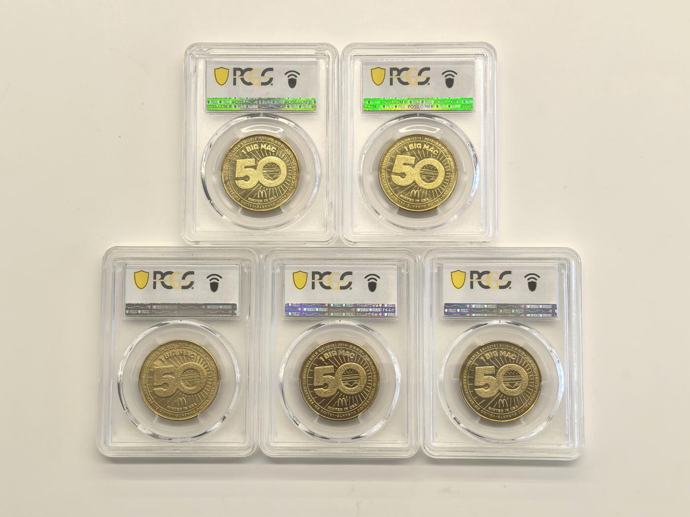 博洋堂世界钱币拍卖第149期（全场包邮） PCGS MS66 2018年麦当劳巨无霸汉堡上市50周年纪念Token全套5枚，全套评级高分非常少见，有二枚背面卡槽有磕损