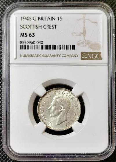甄臻铺-世界币章拍卖（第40期）送拍享返佣金等优惠多多 - NGC-MS63 英国1946乔治六世先令银币，苏格兰版，原色银光状态好