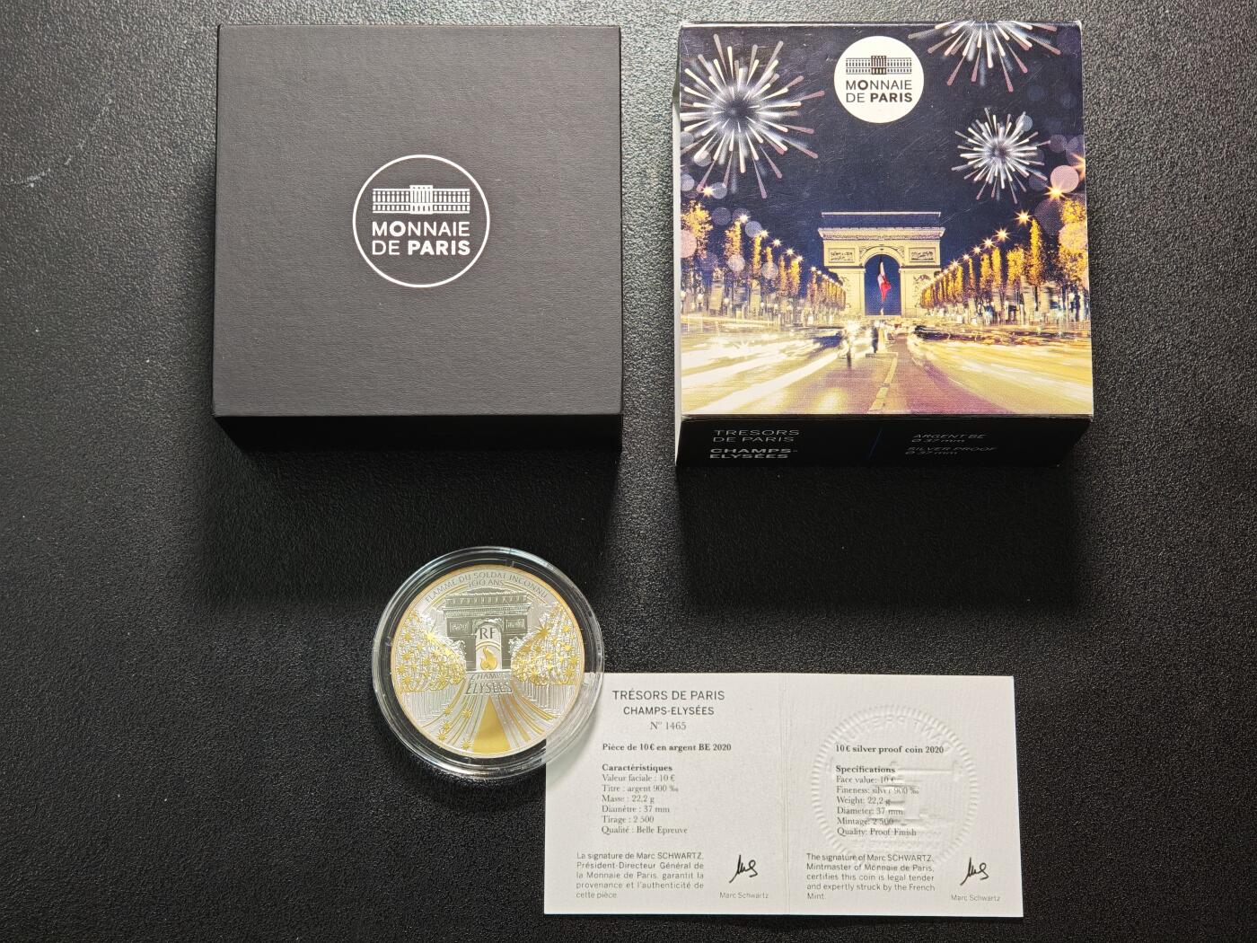 【德藏】世界币章拍卖第155期（拍品征集中~欢迎藏友联系） 2020年 法国香榭丽舍大街10欧元纪念银币 原盒 带证书  直径约：37mm；重约：22.2g