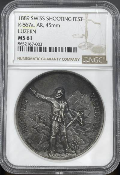 「木头集藏」章牌精品专场！ - Bovy~1889年瑞士卢塞恩射击节银章， MS61 ，直径:45mm，NGC加厚盒，分数略低评。高浮雕非常精美，整个人物呼之欲出，特别是人物头部的雕刻，已经不是平面的浮雕了，而几乎是立体的圆雕，可以说是体现瑞士射击节章牌高超艺术水准和铸造工艺的代表作品。