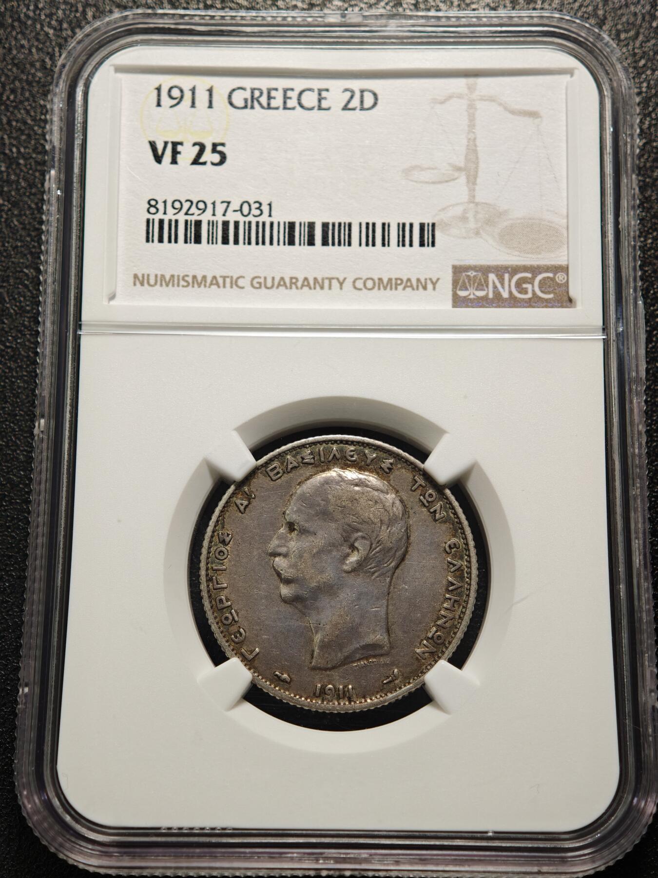 【德藏】世界币章拍卖第155期（拍品征集中~欢迎藏友联系） 1911年 希腊2德拉克马银币 NGC VF25 原味包浆