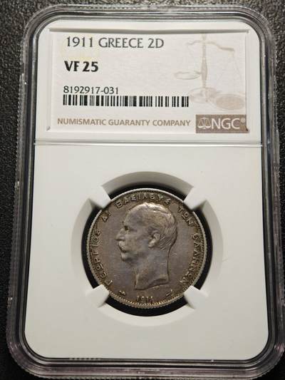 【德藏】世界币章拍卖第155期（拍品征集中~欢迎藏友联系） - 1911年 希腊2德拉克马银币 NGC VF25 原味包浆