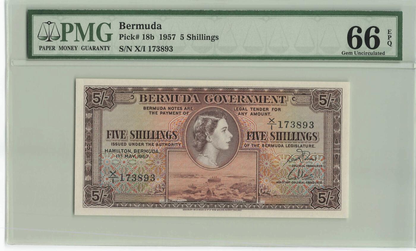 小福收藏拍卖第196期 评级币精选场 本期有68分倒置号布隆迪世界最大纸币 泰国69年10铢纪念钞0A冠百位倒置号  文莱06年500吉令特首年首冠 丹麦经典大松鼠 俄罗斯 玻利维亚 东加勒比 亚美尼亚等多国精美高分珍稀老钞精品纸币 百慕大 1957年 5先令 伊丽莎白二世 PMG66 EPQ