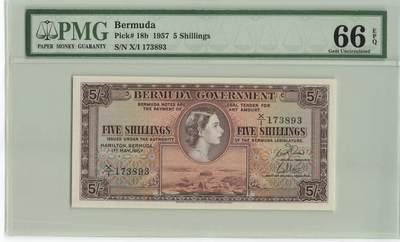 小福收藏拍卖第196期 评级币精选场 本期有68分倒置号布隆迪世界最大纸币 泰国69年10铢纪念钞0A冠百位倒置号  文莱06年500吉令特首年首冠 丹麦经典大松鼠 俄罗斯 玻利维亚 东加勒比 亚美尼亚等多国精美高分珍稀老钞精品纸币 - 百慕大 1957年 5先令 伊丽莎白二世 PMG66 EPQ