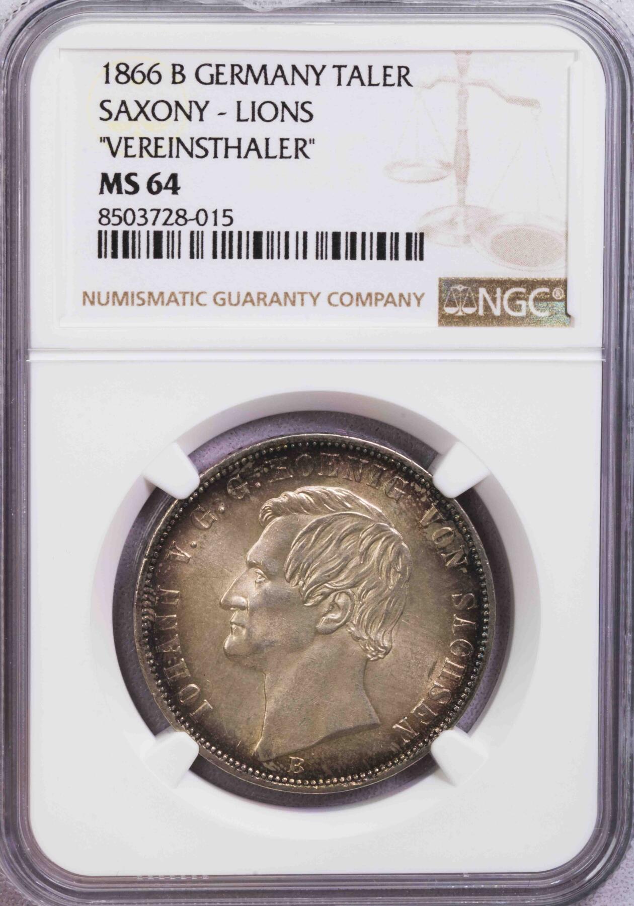 NGC-MS64 1866萨克森双狮泰勒 环彩原光