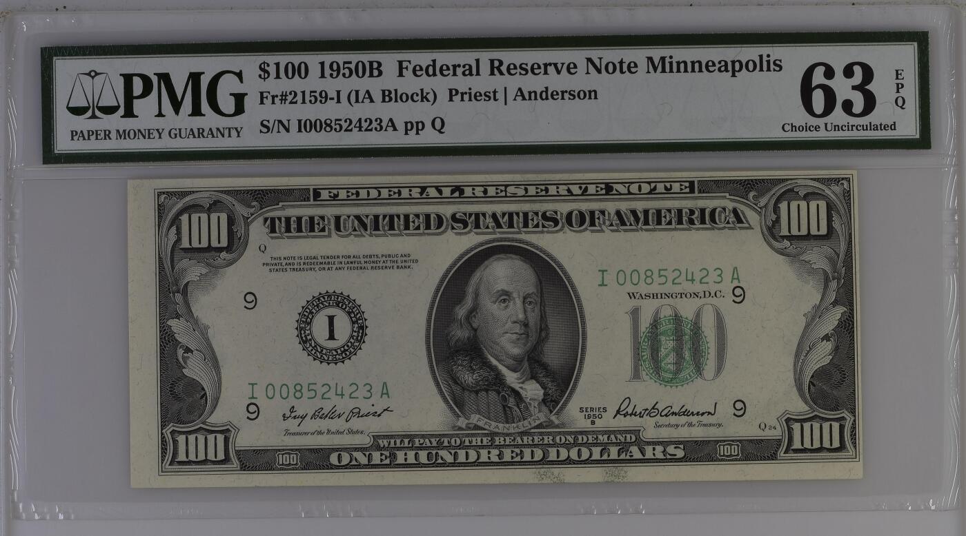 【礼羽收藏】🌏世界钱币拍卖第113期 1950B年 100美元 I区明尼阿波利斯首发A冠 二代壳 PMG63EPQ