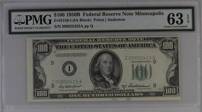 【礼羽收藏】🌏世界钱币拍卖第113期 - 1950B年 100美元 I区明尼阿波利斯首发A冠 二代壳 PMG63EPQ