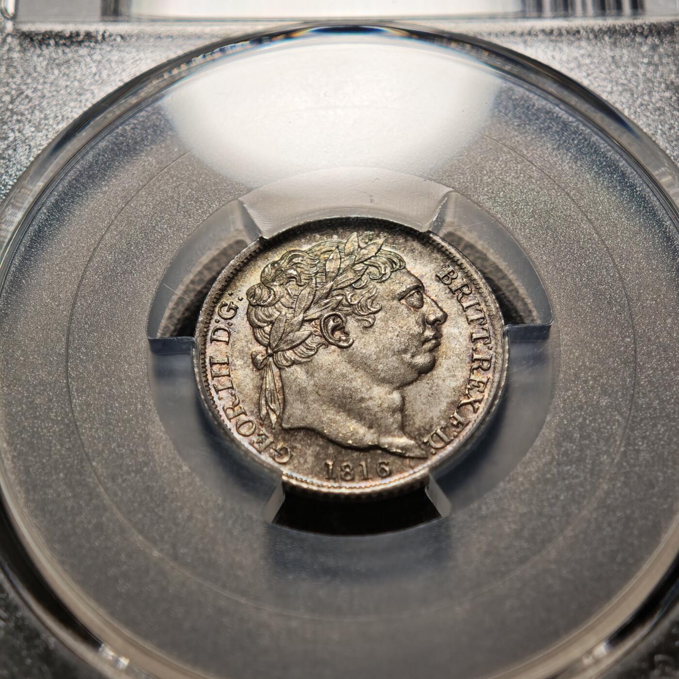 【德藏】世界币章拍卖第155期（拍品征集中~欢迎藏友联系） 1816年 英国乔治三世6便士银币 PCGS MS66 淡彩包浆 亚军分 仅2枚更高