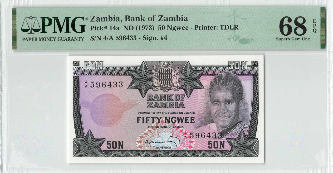 小福收藏拍卖第196期 评级币精选场 本期有68分倒置号布隆迪世界最大纸币 泰国69年10铢纪念钞0A冠百位倒置号  文莱06年500吉令特首年首冠 丹麦经典大松鼠 俄罗斯 玻利维亚 东加勒比 亚美尼亚等多国精美高分珍稀老钞精品纸币 赞比亚 1973年 50Ngwee A冠 双尾 PMG68 EPQ 冠军分！！！