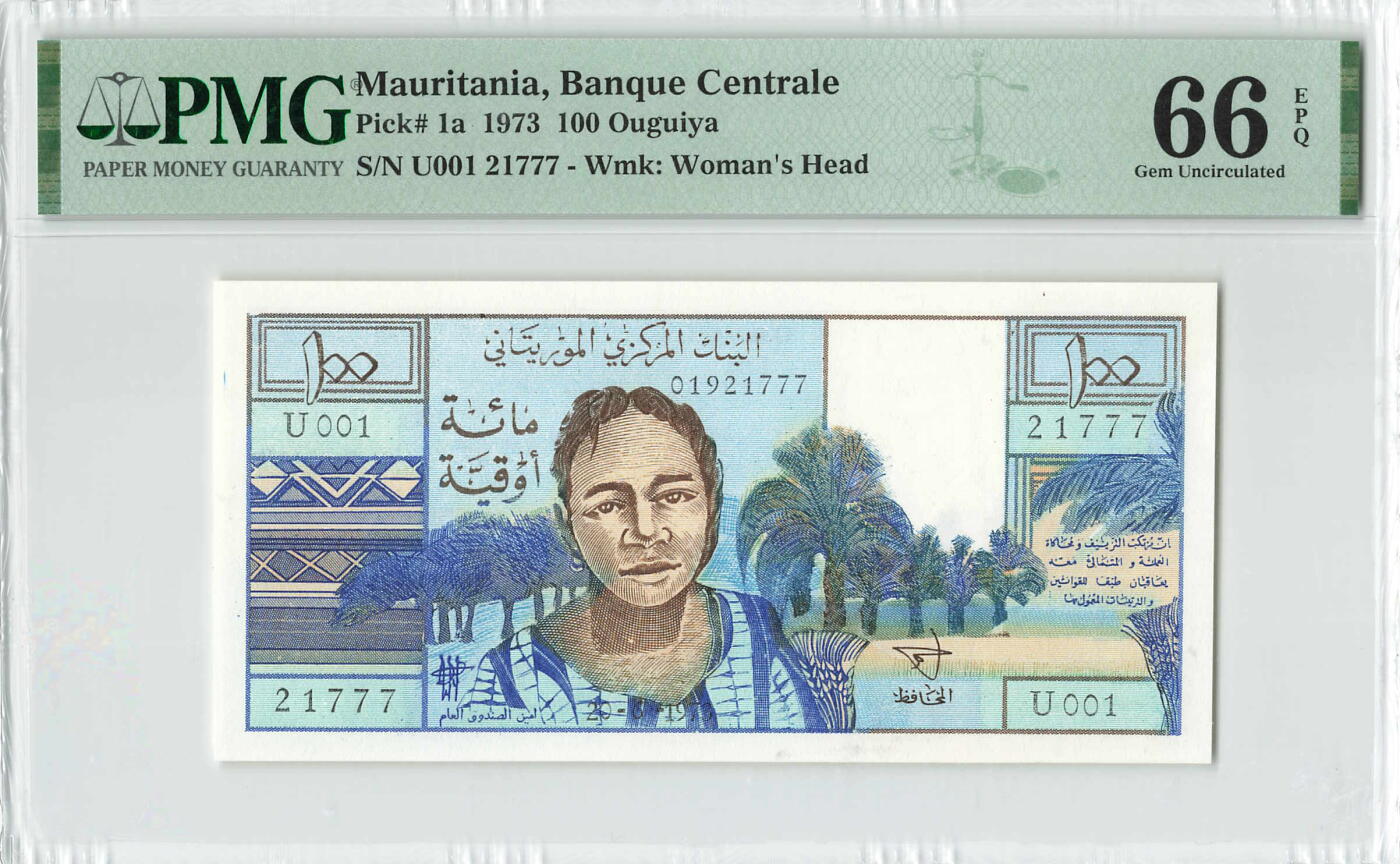 小福收藏拍卖第196期 评级币精选场 本期有68分倒置号布隆迪世界最大纸币 泰国69年10铢纪念钞0A冠百位倒置号  文莱06年500吉令特首年首冠 丹麦经典大松鼠 俄罗斯 玻利维亚 东加勒比 亚美尼亚等多国精美高分珍稀老钞精品纸币 毛里塔尼亚 1973年 100乌吉亚 该国自主发行第一张纸币 数3 豹子号777 PMG66 EPQ 季军分