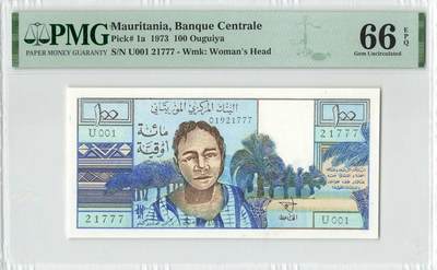 小福收藏拍卖第196期 评级币精选场 本期有68分倒置号布隆迪世界最大纸币 泰国69年10铢纪念钞0A冠百位倒置号  文莱06年500吉令特首年首冠 丹麦经典大松鼠 俄罗斯 玻利维亚 东加勒比 亚美尼亚等多国精美高分珍稀老钞精品纸币 - 毛里塔尼亚 1973年 100乌吉亚 该国自主发行第一张纸币 数3 豹子号777 PMG66 EPQ 季军分