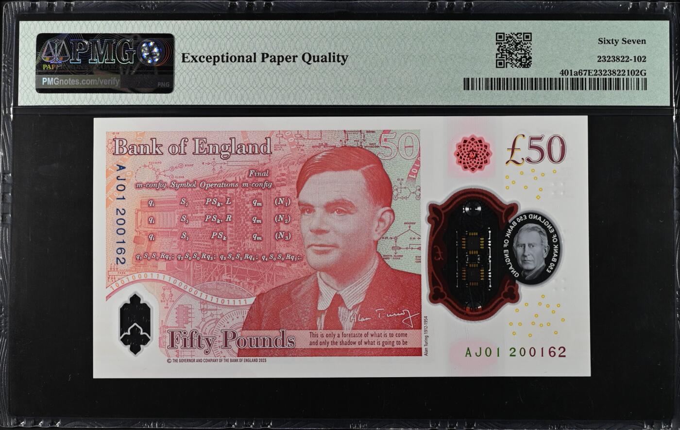 《艾美收藏》第222期-11.30周日外币畅拍 英格兰50镑AJ01首发冠 PMG67E 2023年 查尔斯版塑料钞 无347