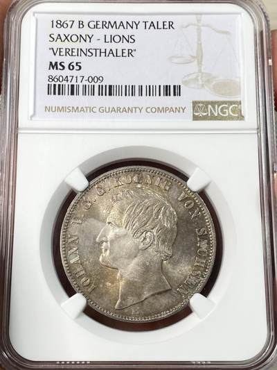 万国钱币拍卖第056期 - NGC MS65 1867年德国萨克森双狮流通1泰勒 绚丽淡五彩高点细节锋利异常 堪称完美的顶级BU品质