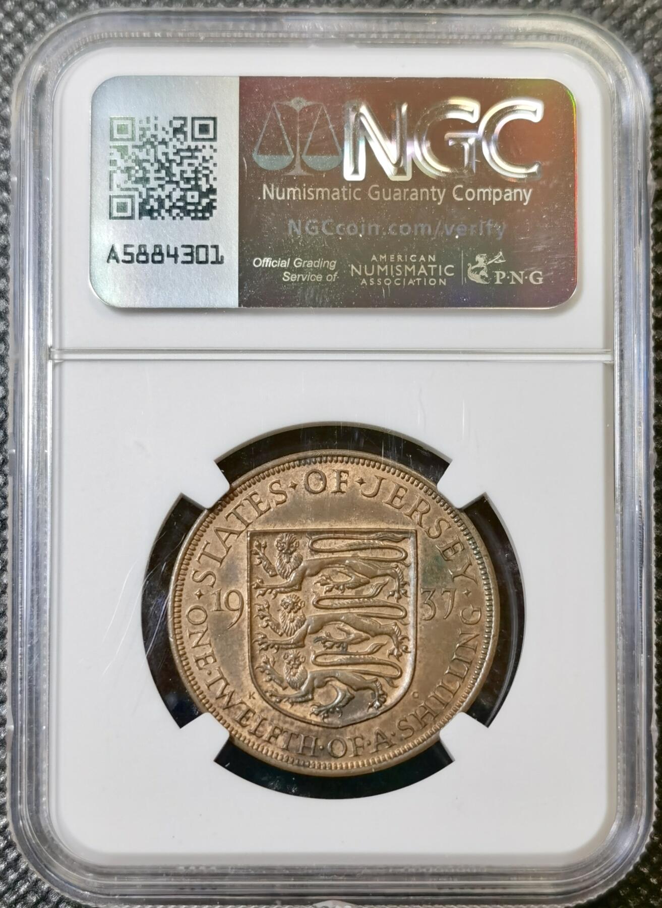 甄臻铺-世界币章拍卖（第40期）送拍享返佣金等优惠多多 NGC-MS62BN 英属泽西岛1937 1/12先令铜币，乔六登基首年，温润状态，比本土便士少见的多