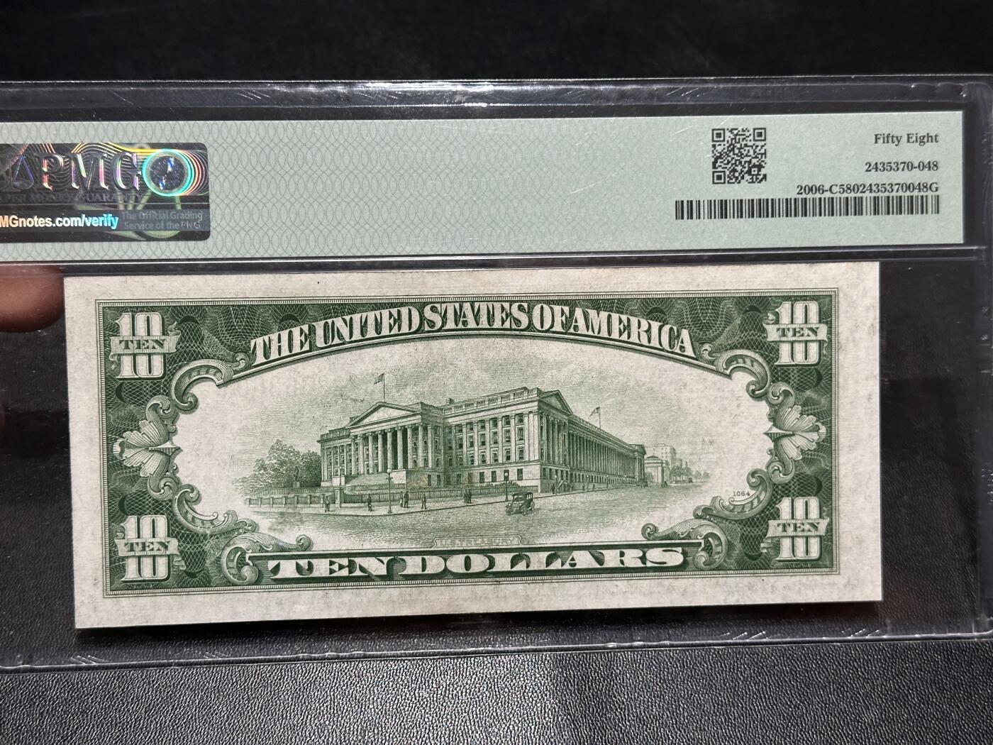 《外钞收藏家》第五百八十八期（优质场）（本平台长期征集拍品、欢迎藏友们联系合作） 1934年美国10美元 费城版 PMG58 无47 豹子头222